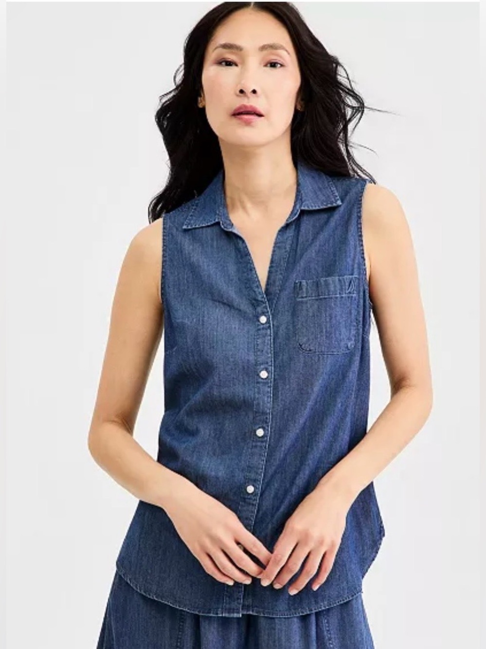Nautica Sleeveless Button Down Chambray Shirt, Small, NWT